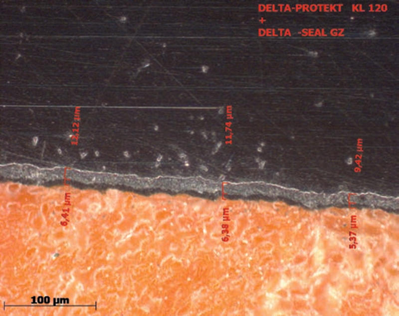 图5：用光学显微镜测量片状锌基（达克罗）涂层厚度